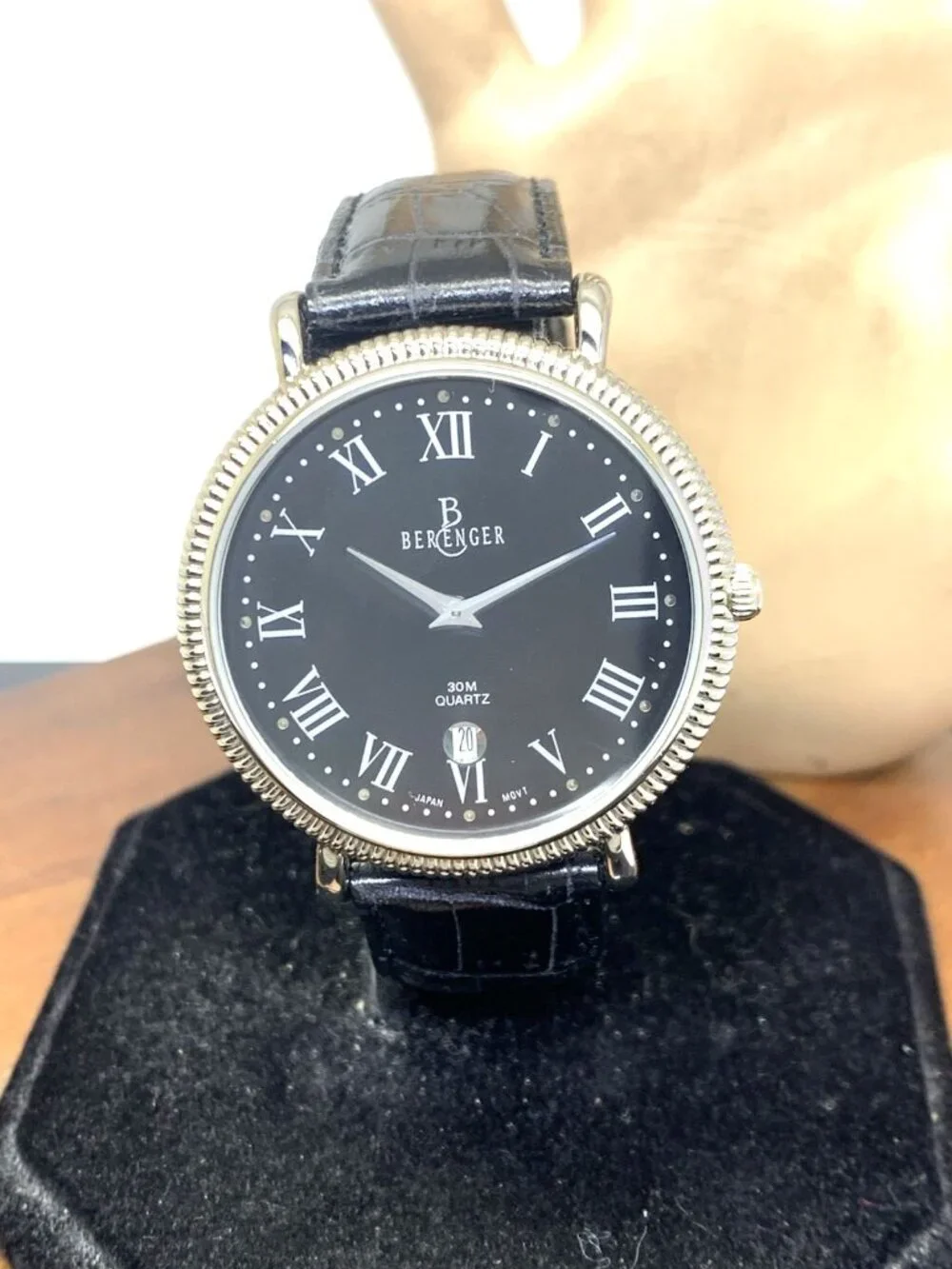 Bergenger Men's Watch Quartz Black Dial Silver Tone Case Leather Strap 38mm